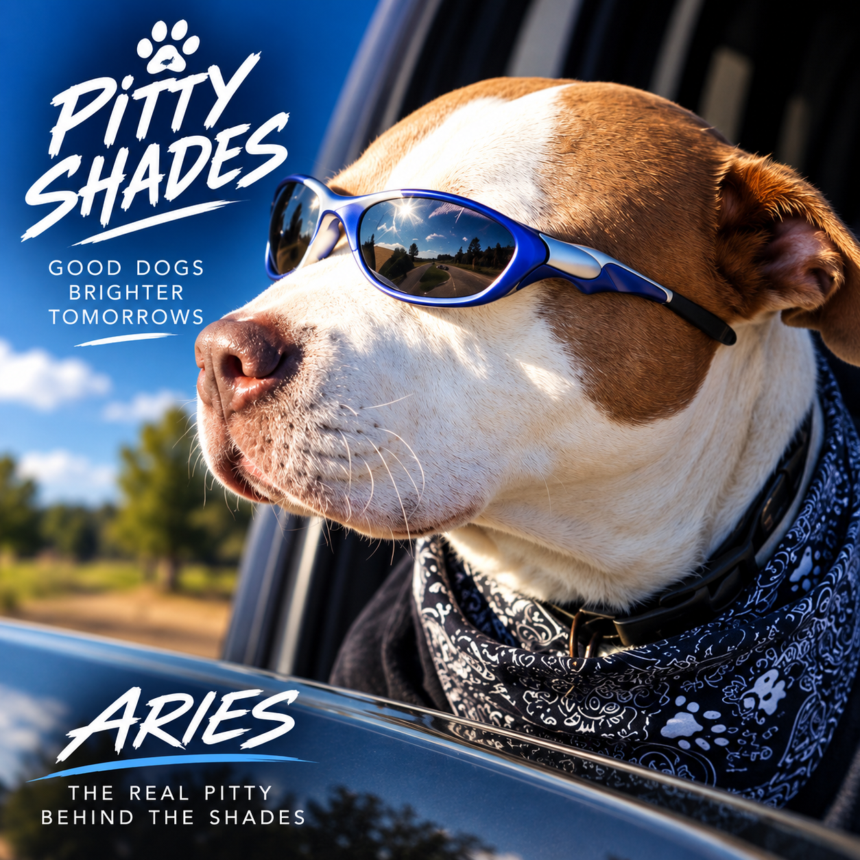 Aries, a pit bull in blue sunglasses and a bandana, on the Pitty Shades mascot artwork
